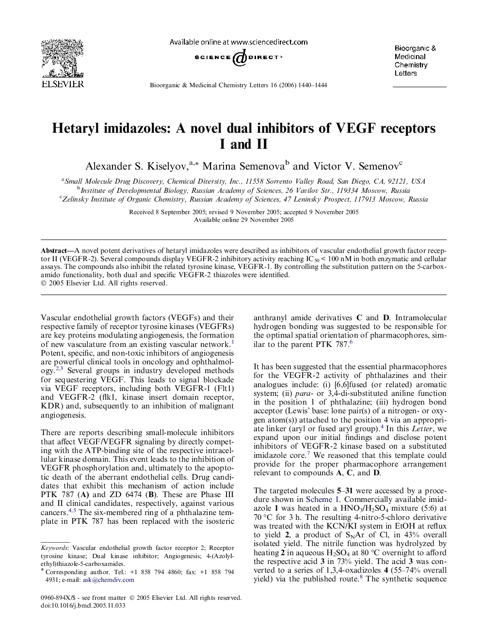 Hetaryl imidazoles: A novel dual inhibitors of VEGF receptors I and II