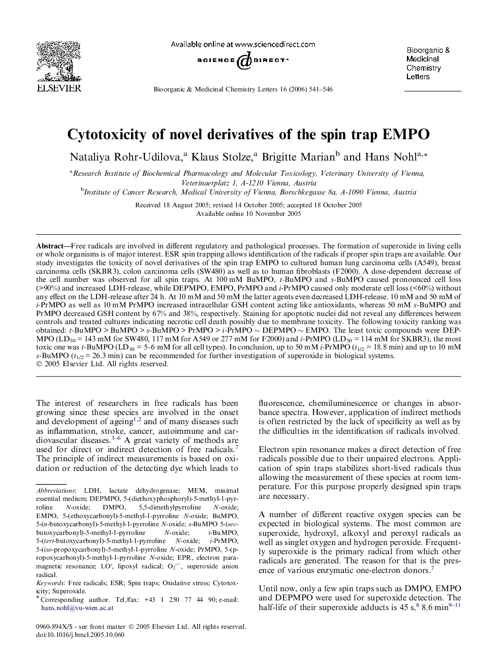 عکس صفحه اول مقاله: Cytotoxicity of novel derivatives of the spin trap EMPO Cytotoxicity of novel derivatives of the spin trap EMPO