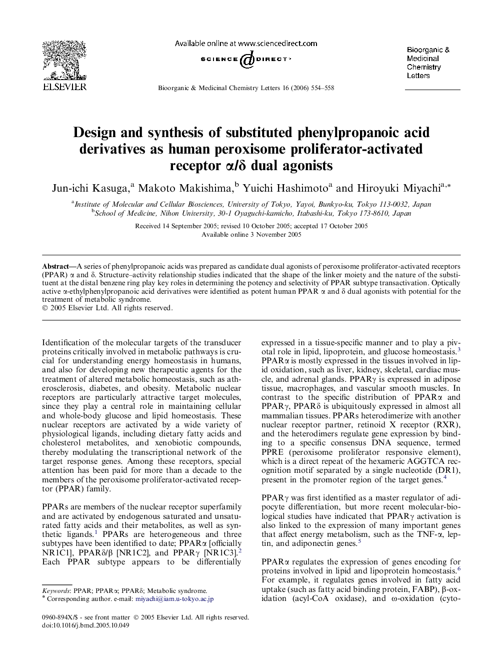 Design and synthesis of substituted phenylpropanoic acid derivatives as human peroxisome proliferator-activated receptor Î±/Î´ dual agonists