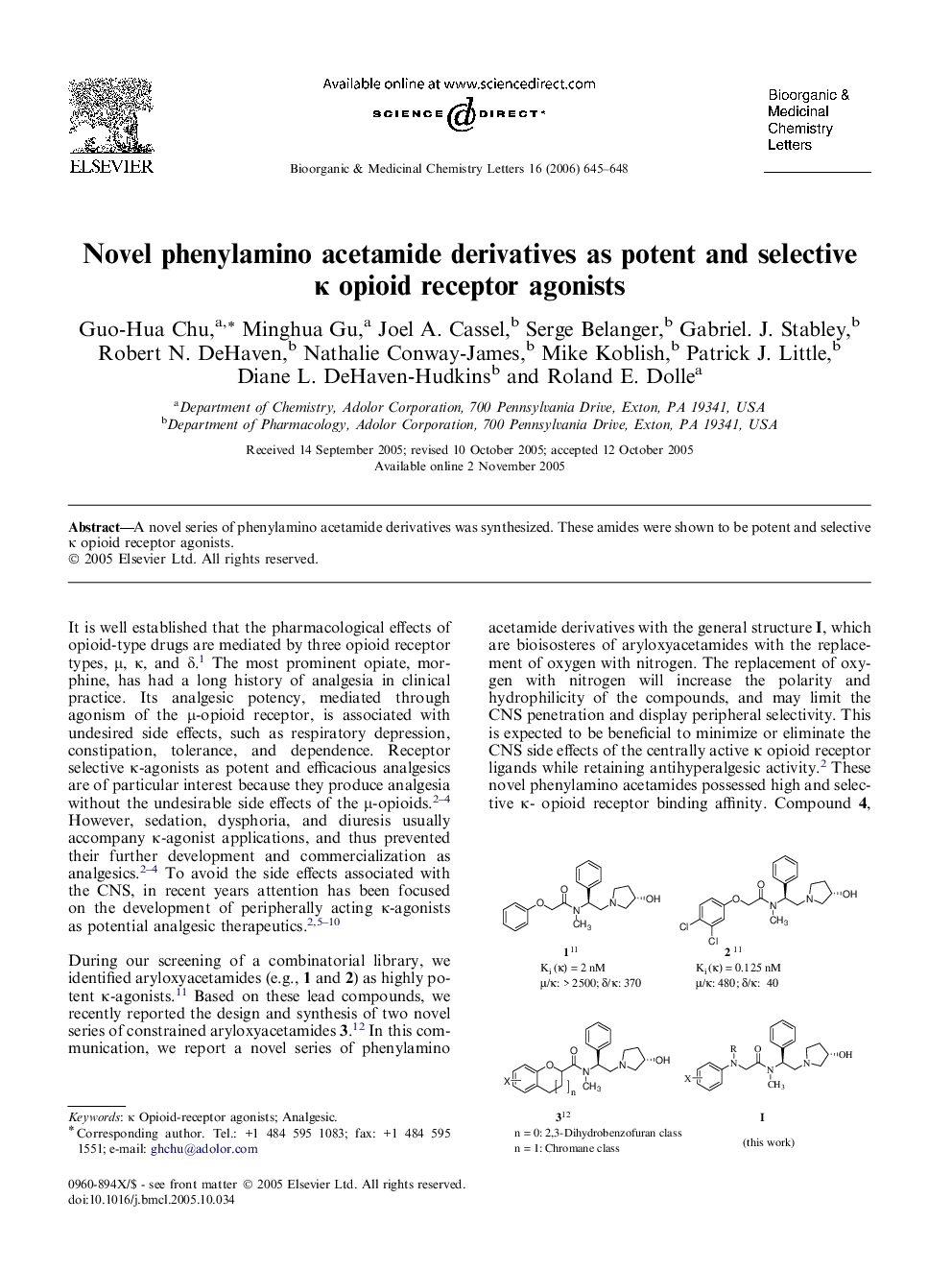 Novel phenylamino acetamide derivatives as potent and selective κ opioid receptor agonists