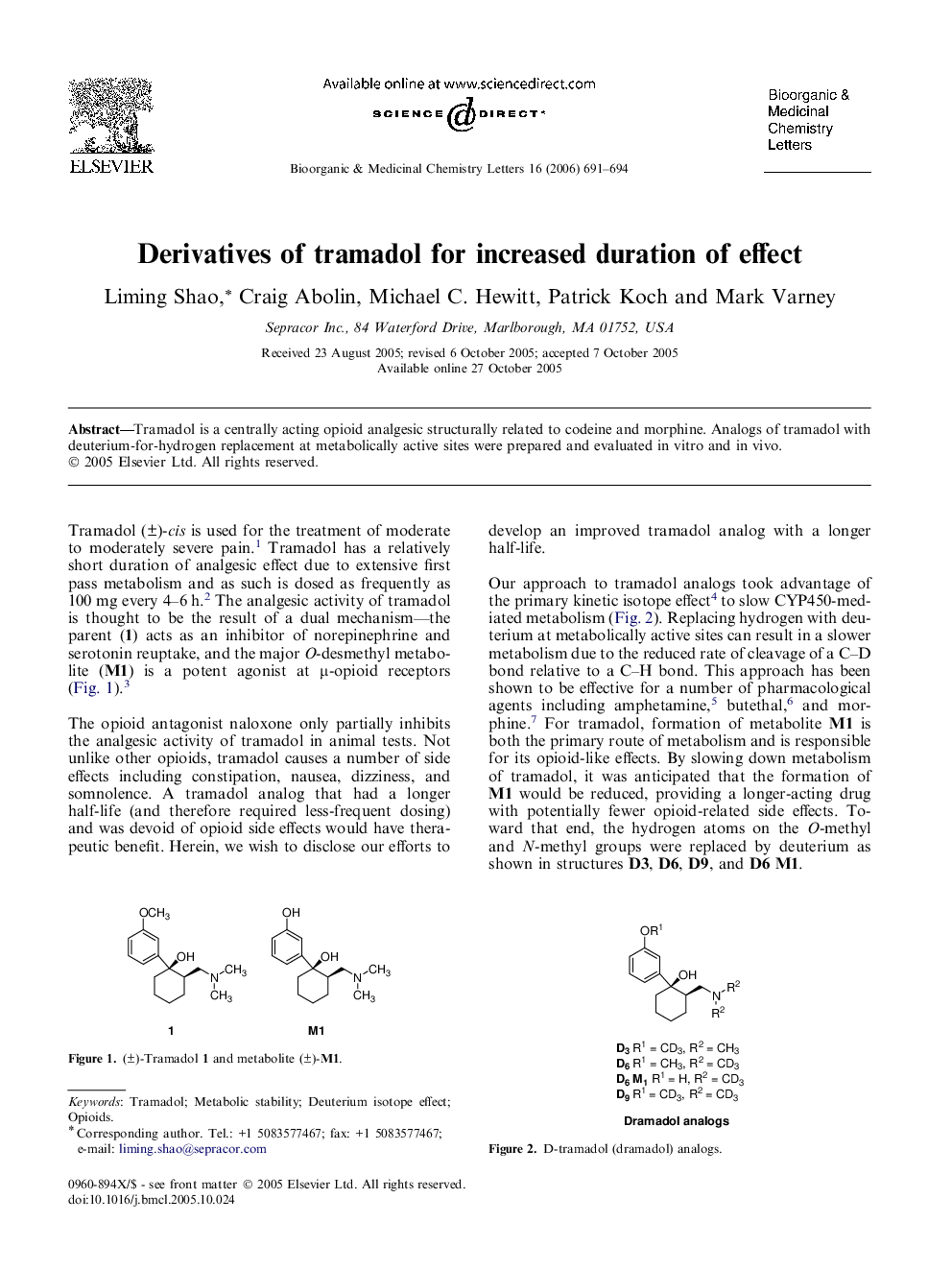 Derivatives of tramadol for increased duration of effect