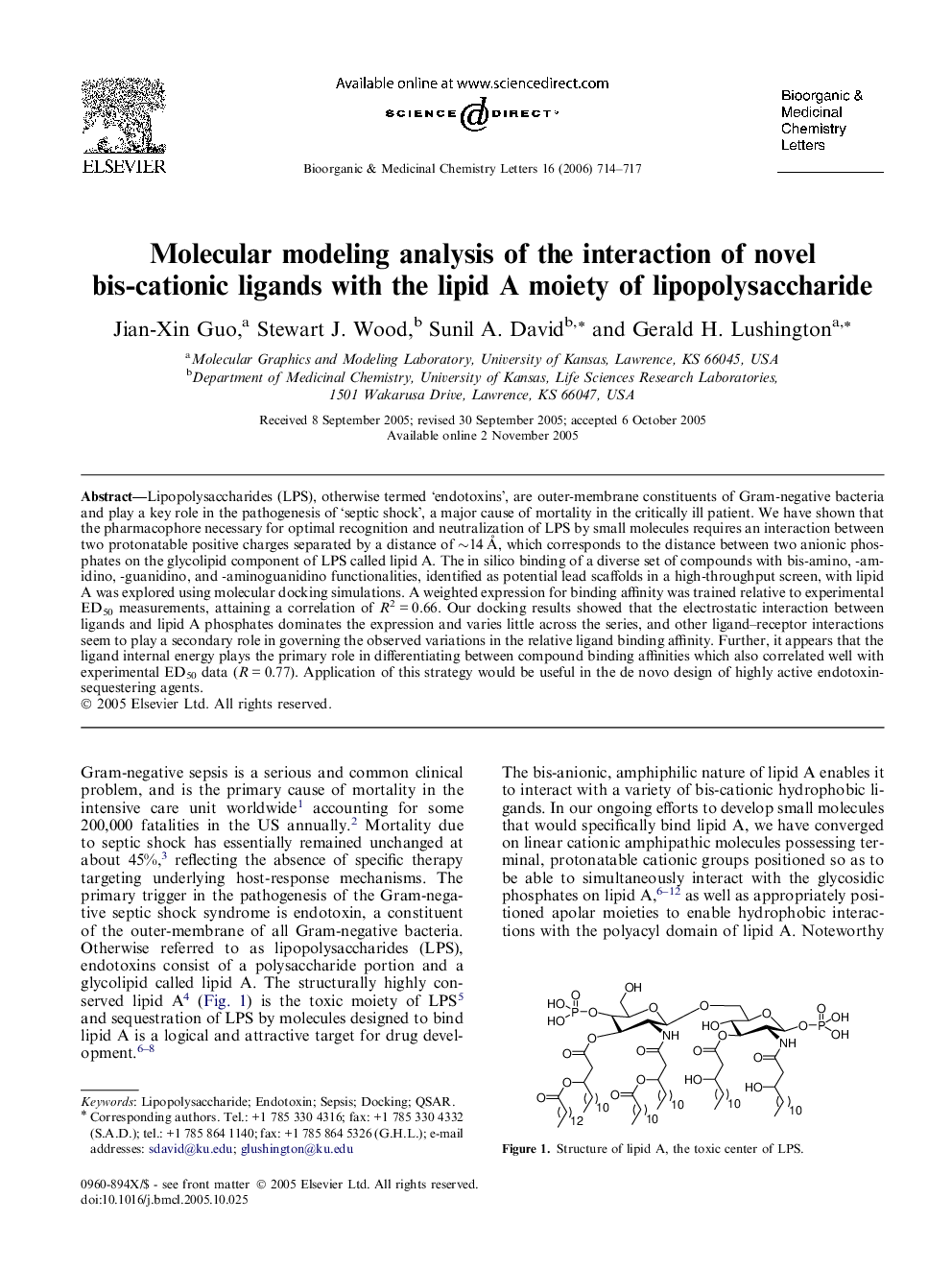 Molecular modeling analysis of the interaction of novel bis-cationic ligands with the lipid A moiety of lipopolysaccharide