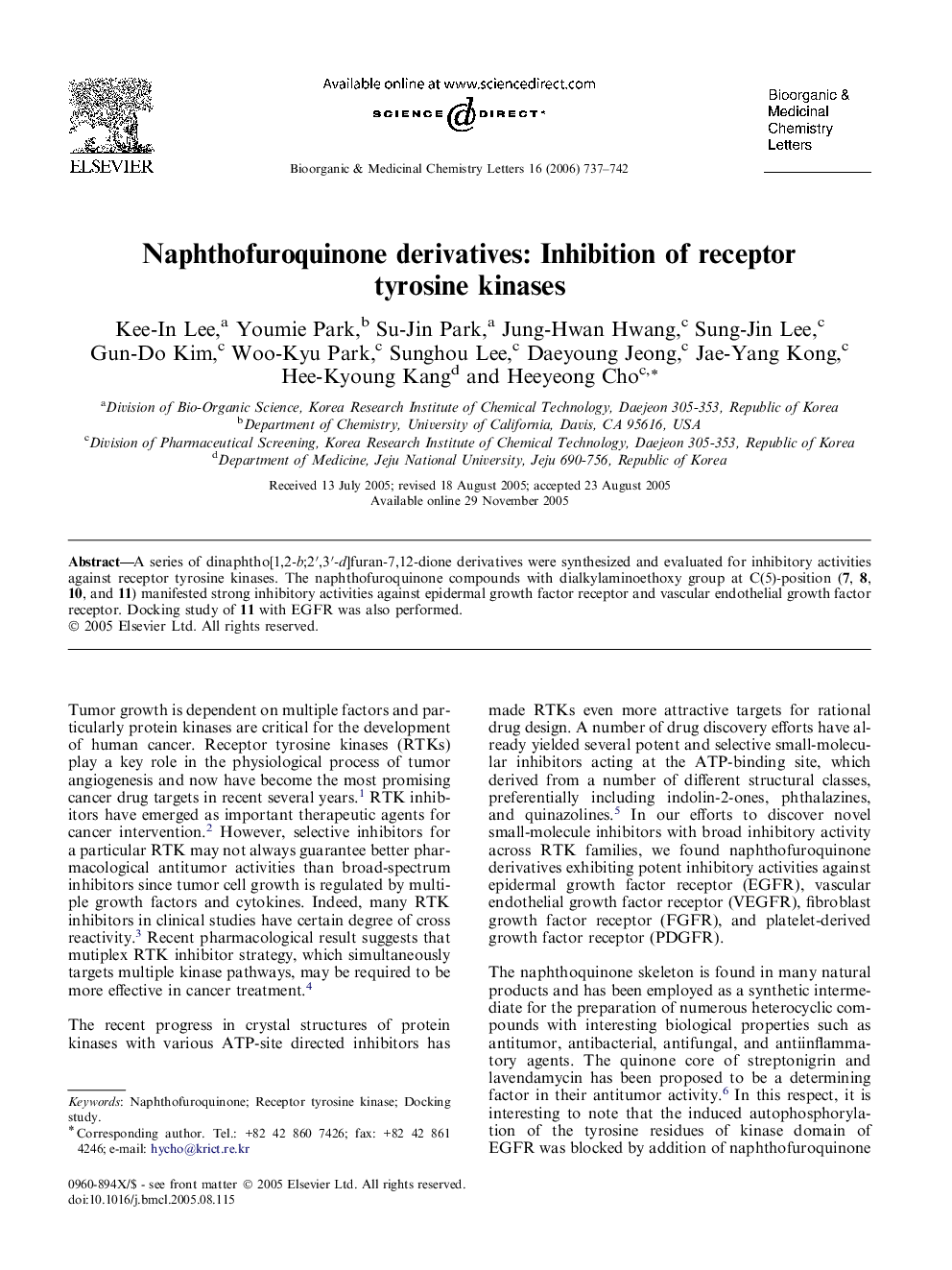 Naphthofuroquinone derivatives: Inhibition of receptor tyrosine kinases