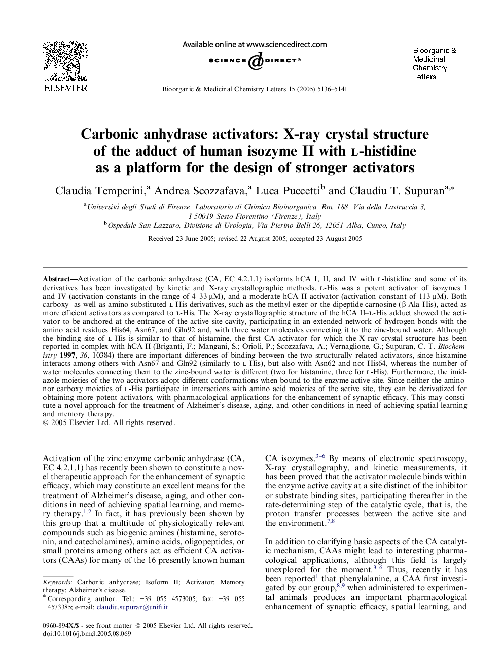 Carbonic anhydrase activators: X-ray crystal structure of the adduct of human isozyme II with l-histidine as a platform for the design of stronger activators