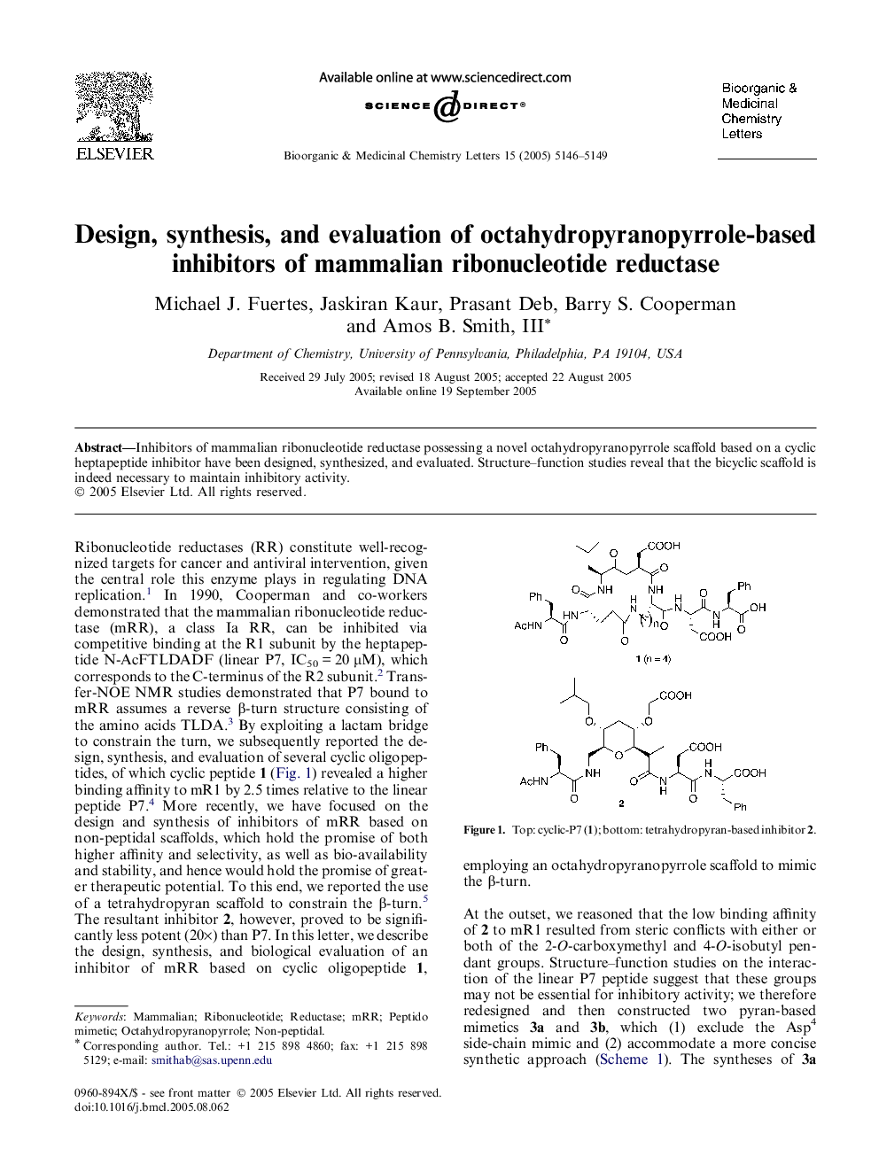 Design, synthesis, and evaluation of octahydropyranopyrrole-based inhibitors of mammalian ribonucleotide reductase