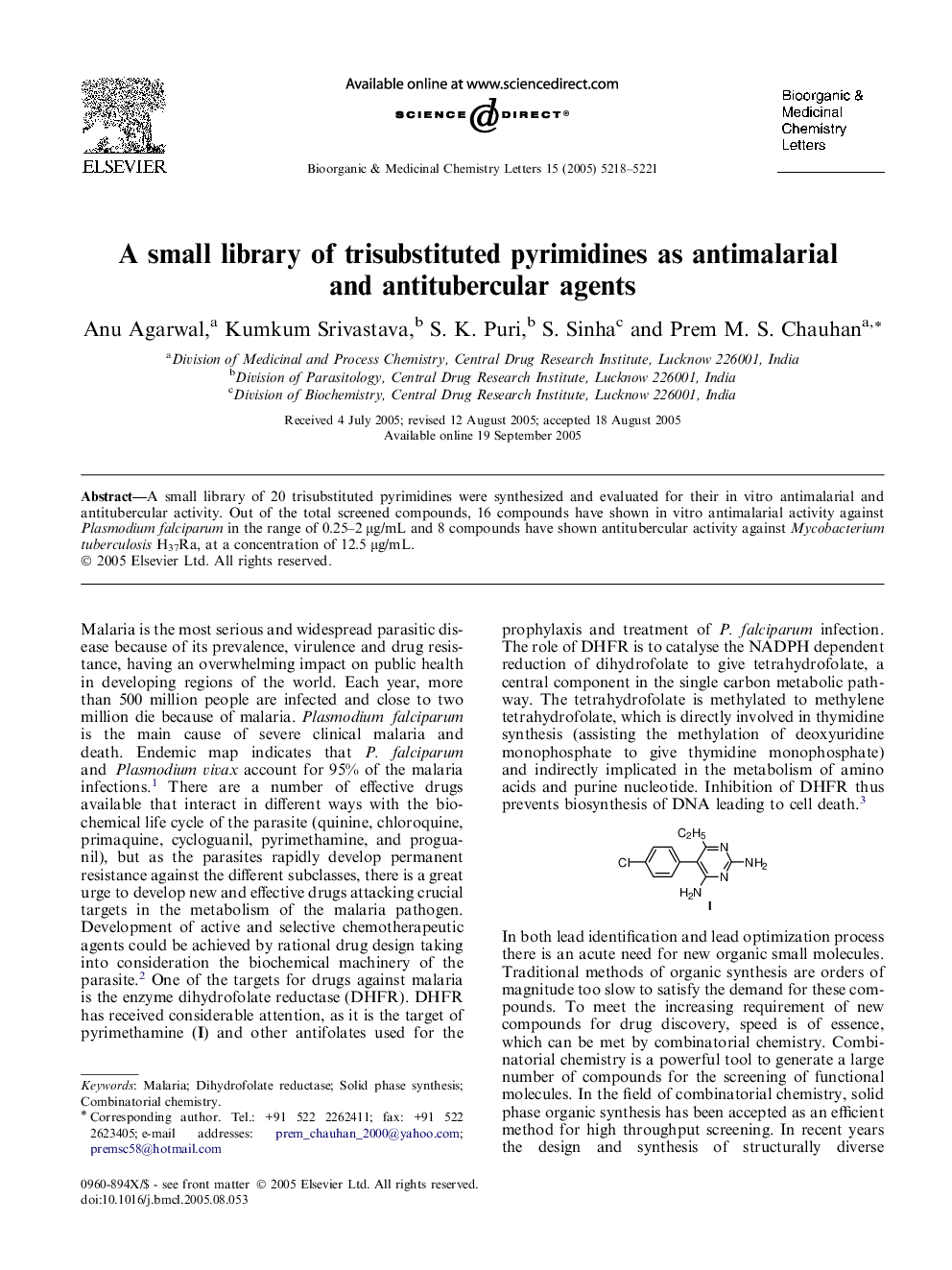 A small library of trisubstituted pyrimidines as antimalarial and antitubercular agents