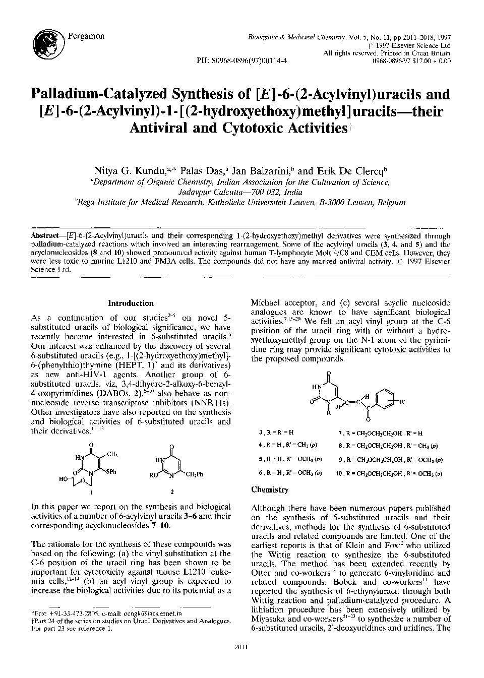 Palladium-catalyzed synthesis of [E]-6-(2-acylvinyl)uracils and [E]-6-(2-acylvinyl)-1-[(2-hydroxyethoxy)methyl]uracils—their antiviral and cytotoxic activities 