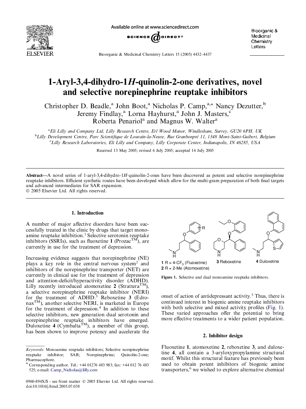 1-Aryl-3,4-dihydro-1H-quinolin-2-one derivatives, novel and selective norepinephrine reuptake inhibitors