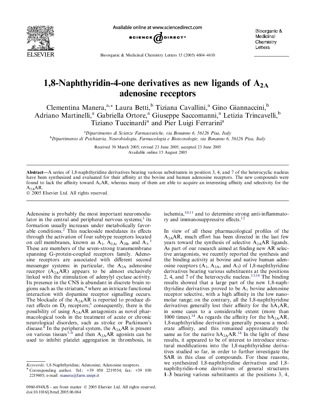 1,8-Naphthyridin-4-one derivatives as new ligands of A2A adenosine receptors