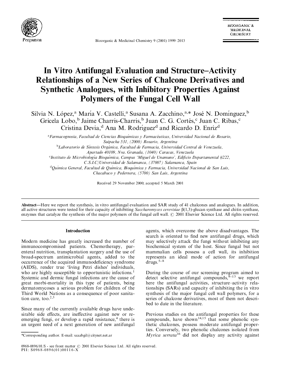 عکس صفحه اول مقاله: In vitro antifungal evaluation and structure–activity relationships of a new series of chalcone derivatives and synthetic analogues, with inhibitory properties against polymers of the fungal cell wall In vitro antifungal evaluation and structure–activity relationships of a new series of chalcone derivatives and synthetic analogues, with inhibitory properties against polymers of the fungal cell wall