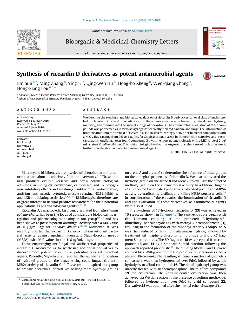 Synthesis of riccardin D derivatives as potent antimicrobial agents