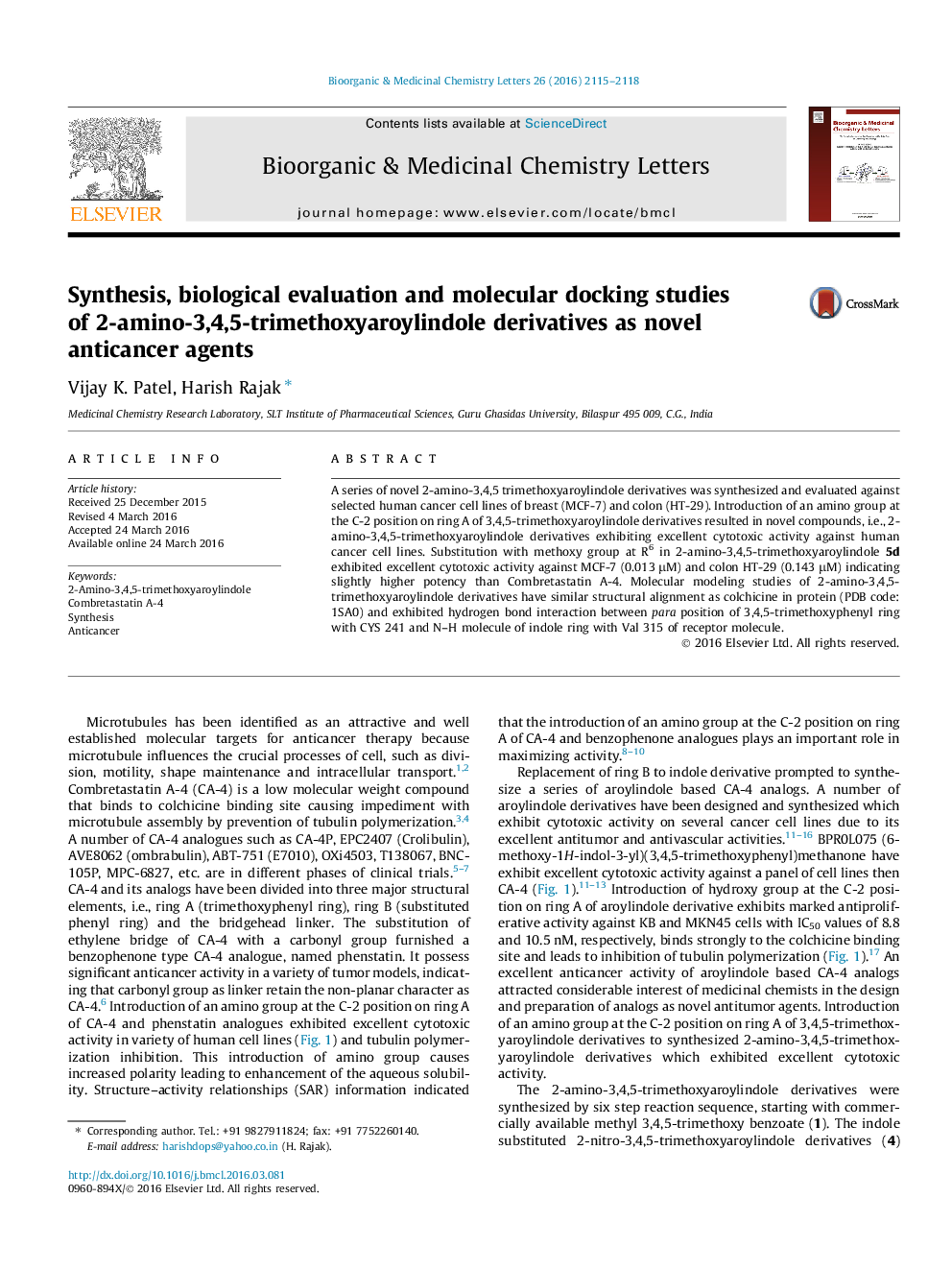 Synthesis, biological evaluation and molecular docking studies of 2-amino-3,4,5-trimethoxyaroylindole derivatives as novel anticancer agents