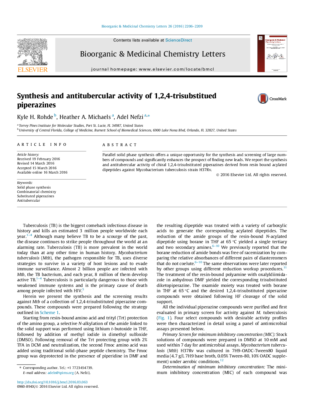 Synthesis and antitubercular activity of 1,2,4-trisubstitued piperazines