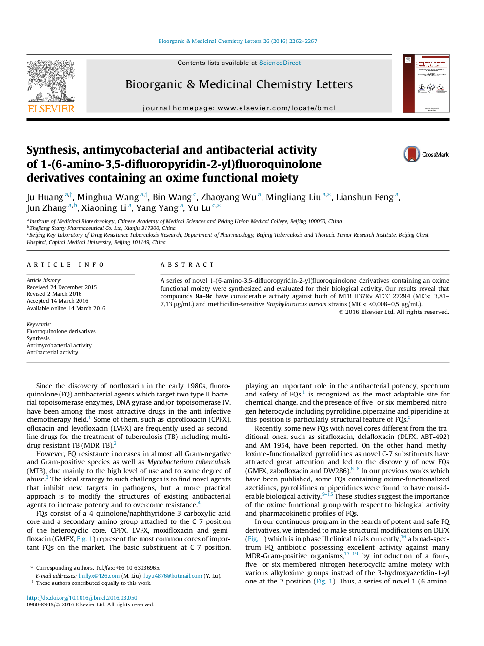 Synthesis, antimycobacterial and antibacterial activity of 1-(6-amino-3,5-difluoropyridin-2-yl)fluoroquinolone derivatives containing an oxime functional moiety