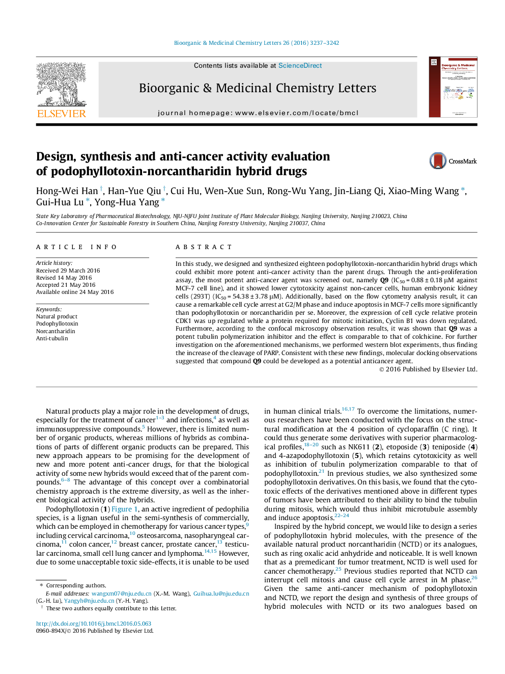 Design, synthesis and anti-cancer activity evaluation of podophyllotoxin-norcantharidin hybrid drugs