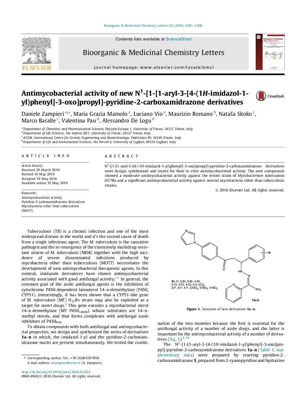 Antimycobacterial activity of new N1-[1-[1-aryl-3-[4-(1H-imidazol-1-yl)phenyl]-3-oxo]propyl]-pyridine-2-carboxamidrazone derivatives