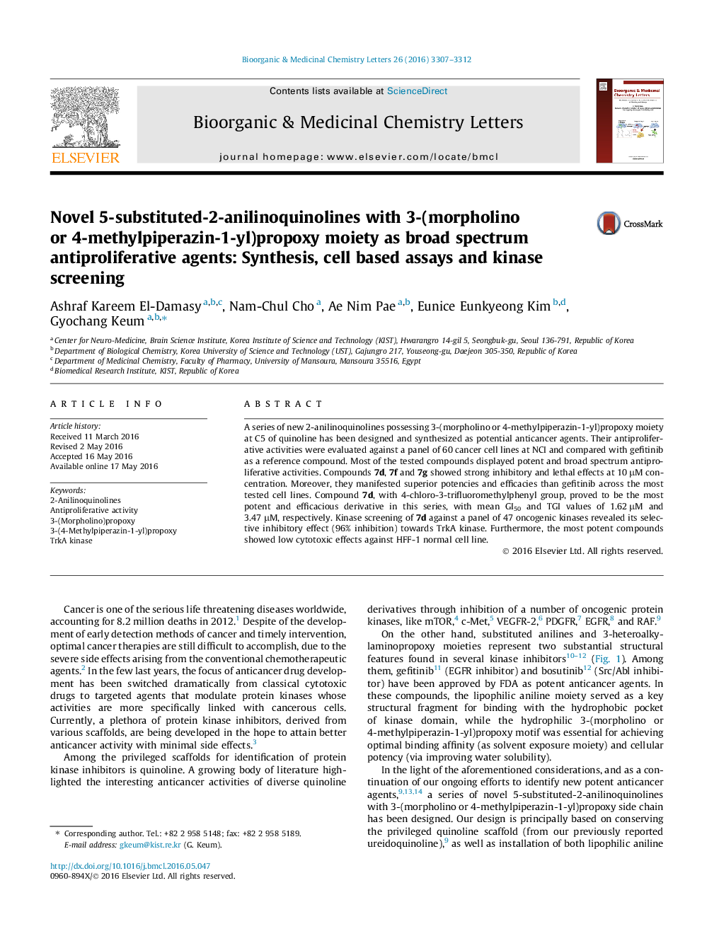 عکس صفحه اول مقاله: Novel 5-substituted-2-anilinoquinolines with 3-(morpholino or 4-methylpiperazin-1-yl)propoxy moiety as broad spectrum antiproliferative agents: Synthesis, cell based assays and kinase screening Novel 5-substituted-2-anilinoquinolines with 3-(morpholino or 4-methylpiperazin-1-yl)propoxy moiety as broad spectrum antiproliferative agents: Synthesis, cell based assays and kinase screening