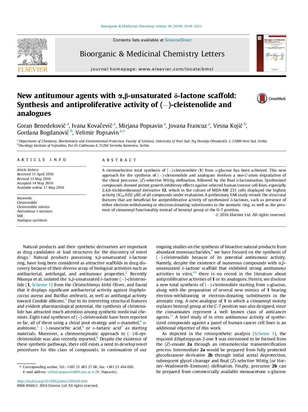 عوامل ضد سرطان جدید با داربست α-β-unsaturated δ-lactone: سنتز و فعالیت ضد انعقادی (-) - کینستینولید و آنالوگ