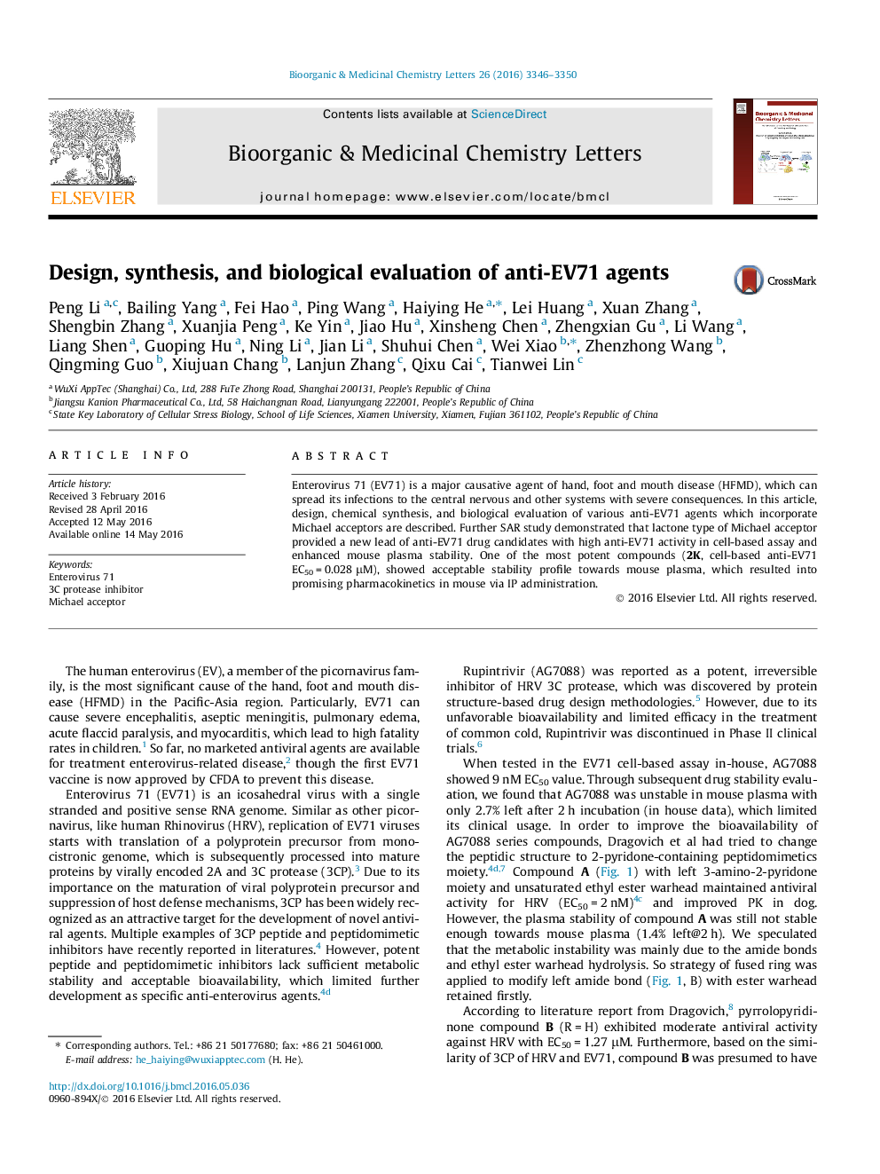 Design, synthesis, and biological evaluation of anti-EV71 agents