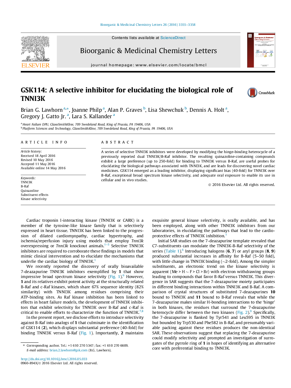 GSK114: A selective inhibitor for elucidating the biological role of TNNI3K