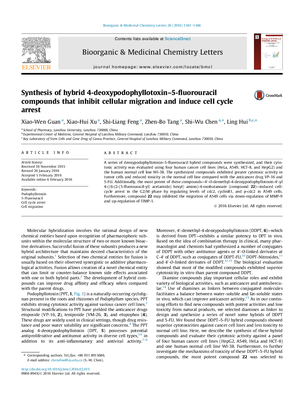 Synthesis of hybrid 4-deoxypodophyllotoxin–5-fluorouracil compounds that inhibit cellular migration and induce cell cycle arrest