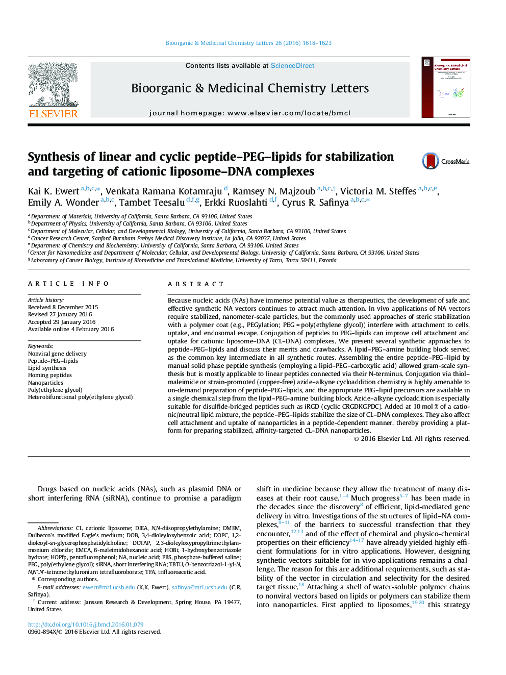 Synthesis of linear and cyclic peptide–PEG–lipids for stabilization and targeting of cationic liposome–DNA complexes