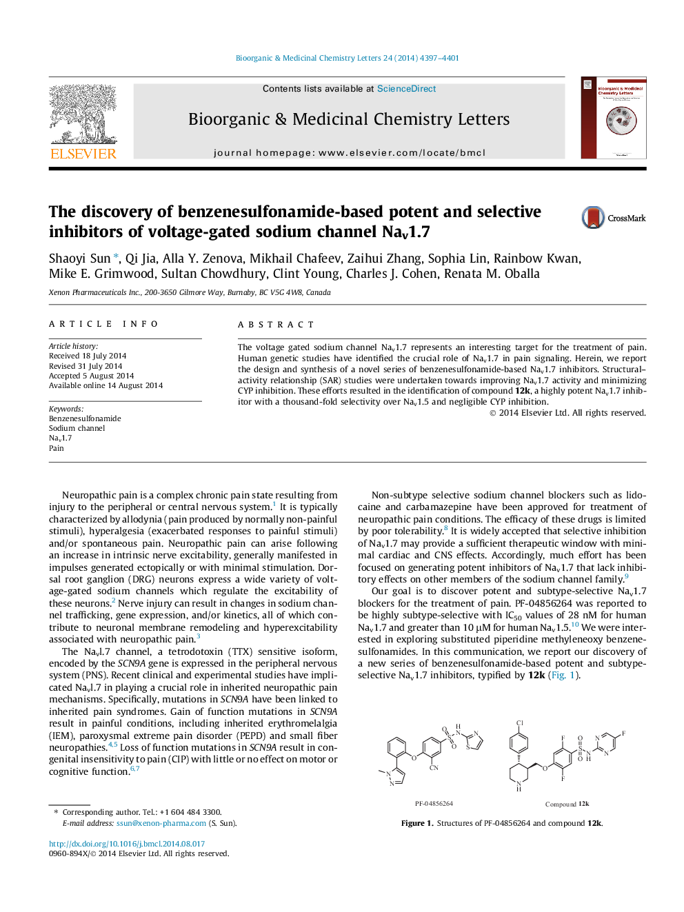 The discovery of benzenesulfonamide-based potent and selective inhibitors of voltage-gated sodium channel Nav1.7