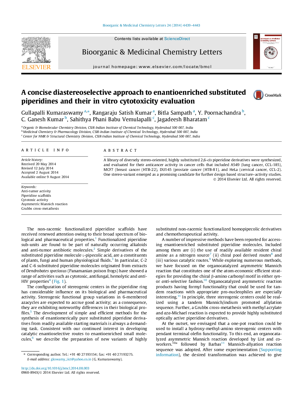 A concise diastereoselective approach to enantioenriched substituted piperidines and their in vitro cytotoxicity evaluation