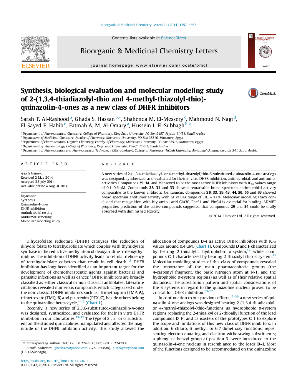 Synthesis, biological evaluation and molecular modeling study of 2-(1,3,4-thiadiazolyl-thio and 4-methyl-thiazolyl-thio)-quinazolin-4-ones as a new class of DHFR inhibitors