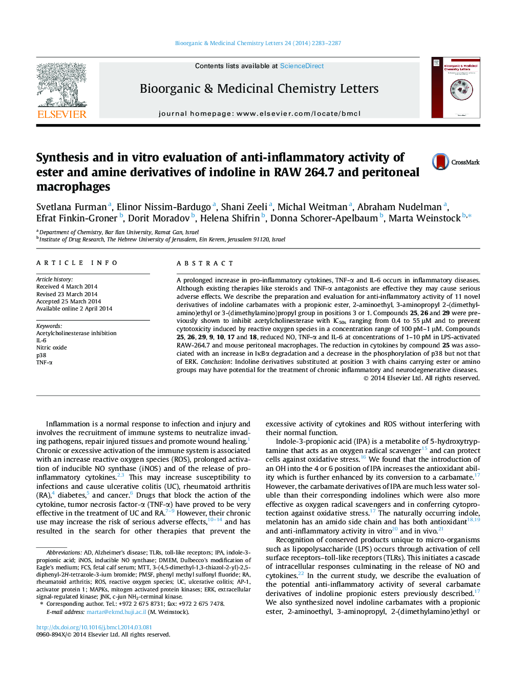 Synthesis and in vitro evaluation of anti-inflammatory activity of ester and amine derivatives of indoline in RAW 264.7 and peritoneal macrophages