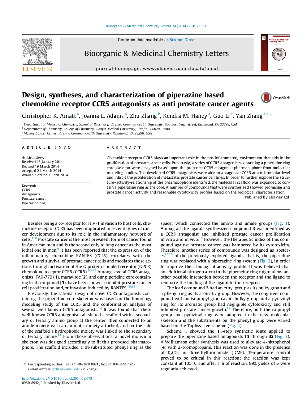 Design, syntheses, and characterization of piperazine based chemokine receptor CCR5 antagonists as anti prostate cancer agents