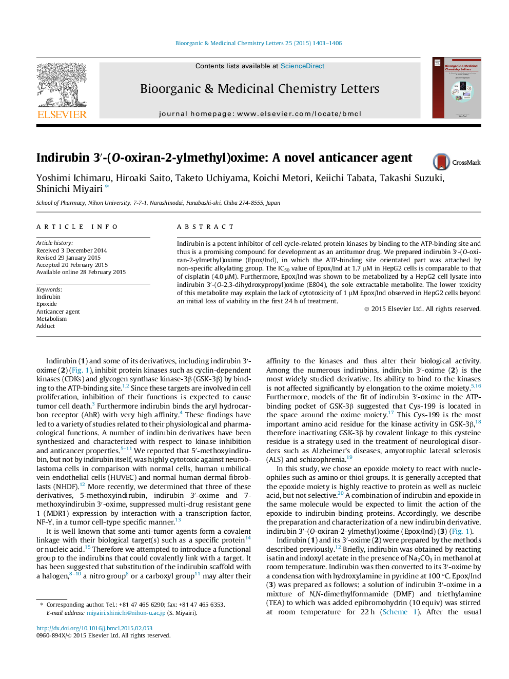 Indirubin 3′-(O-oxiran-2-ylmethyl)oxime: A novel anticancer agent