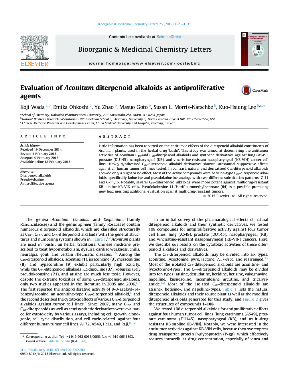 Evaluation of Aconitum diterpenoid alkaloids as antiproliferative agents