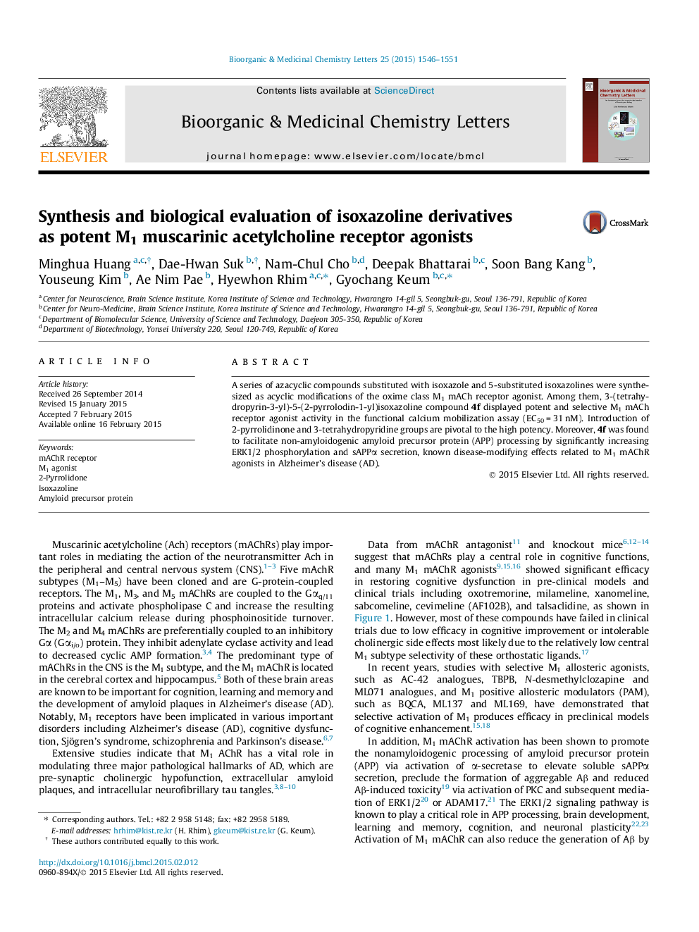 Synthesis and biological evaluation of isoxazoline derivatives as potent M1 muscarinic acetylcholine receptor agonists