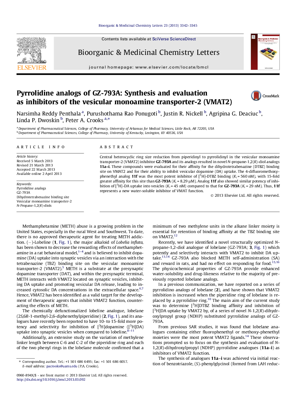 Pyrrolidine analogs of GZ-793A: Synthesis and evaluation as inhibitors of the vesicular monoamine transporter-2 (VMAT2)