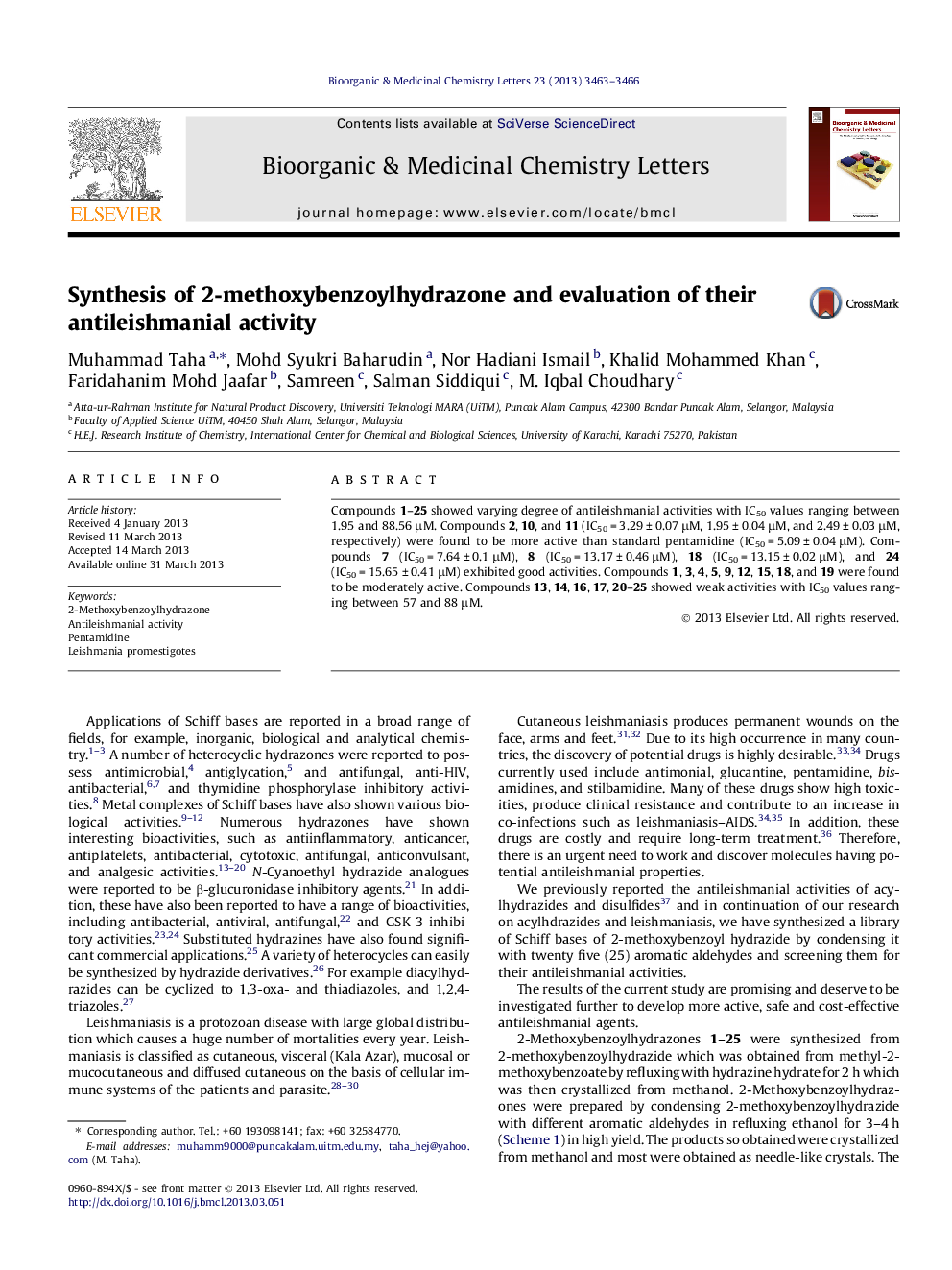 Synthesis of 2-methoxybenzoylhydrazone and evaluation of their antileishmanial activity