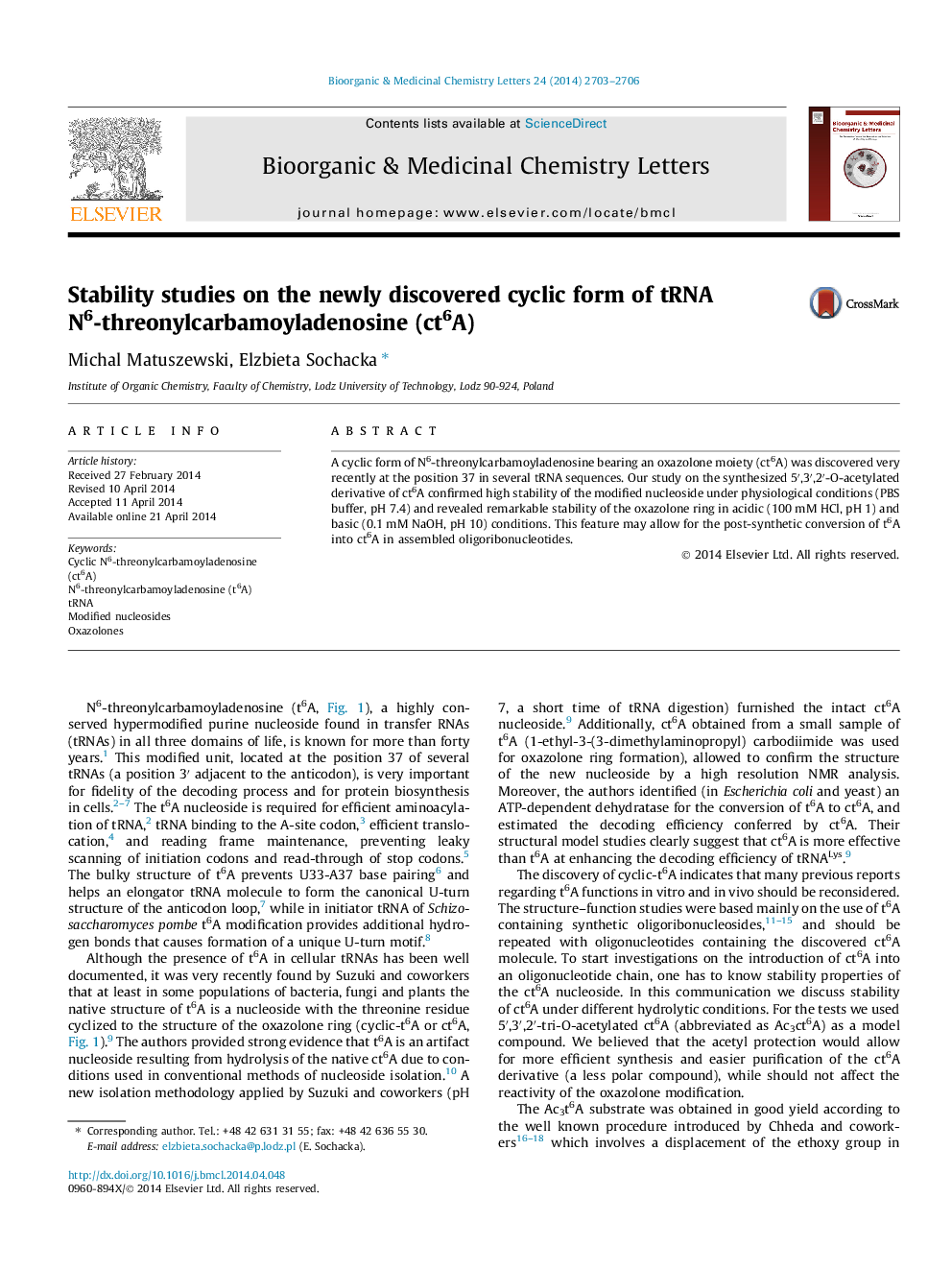 Stability studies on the newly discovered cyclic form of tRNA N6-threonylcarbamoyladenosine (ct6A)