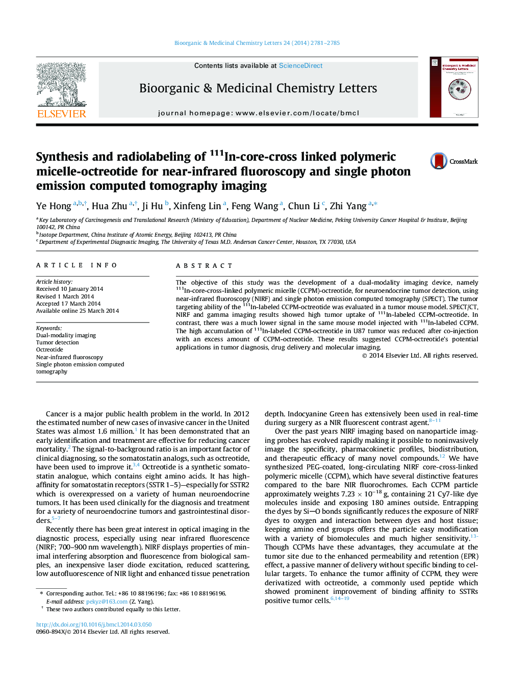 Synthesis and radiolabeling of 111In-core-cross linked polymeric micelle-octreotide for near-infrared fluoroscopy and single photon emission computed tomography imaging