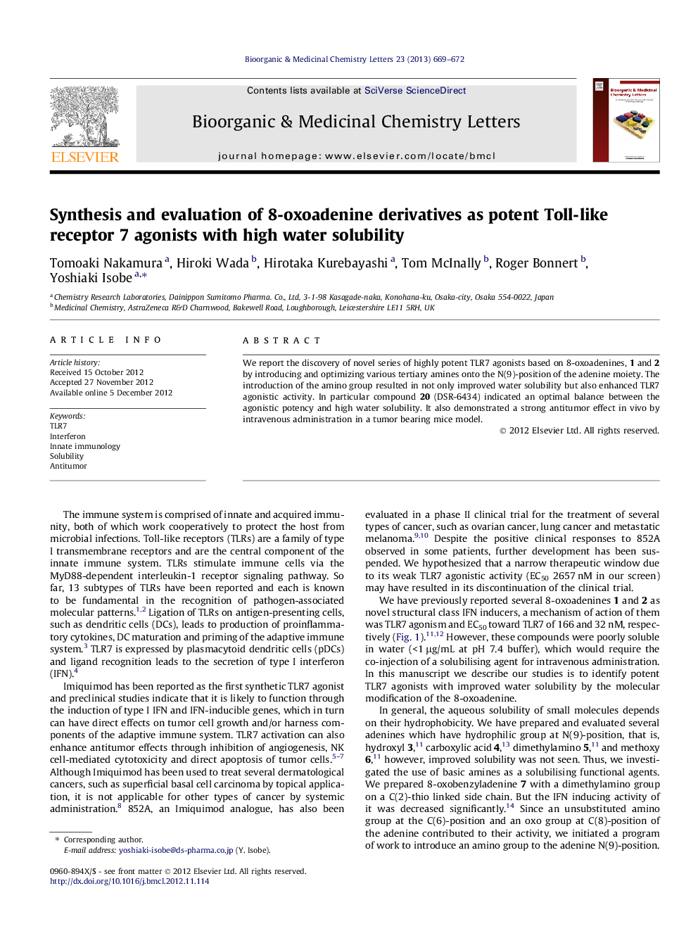 Synthesis and evaluation of 8-oxoadenine derivatives as potent Toll-like receptor 7 agonists with high water solubility