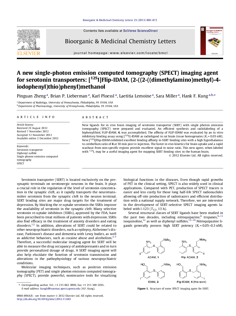 A new single-photon emission computed tomography (SPECT) imaging agent for serotonin transporters: [125I]Flip-IDAM, (2-((2-((dimethylamino)methyl)-4-iodophenyl)thio)phenyl)methanol