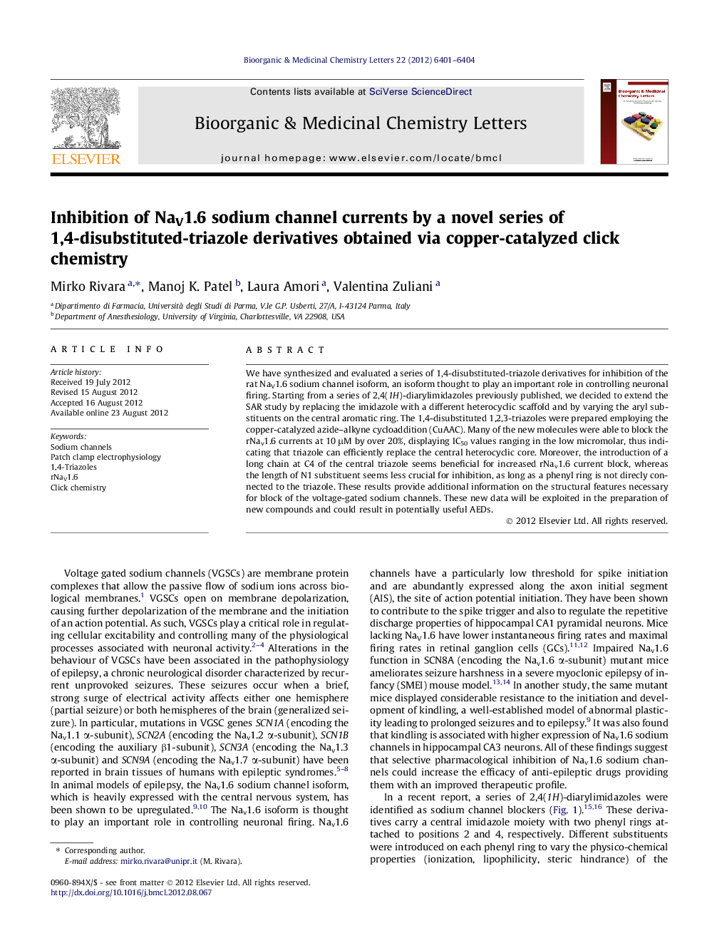 Inhibition of NaV1.6 sodium channel currents by a novel series of 1,4-disubstituted-triazole derivatives obtained via copper-catalyzed click chemistry