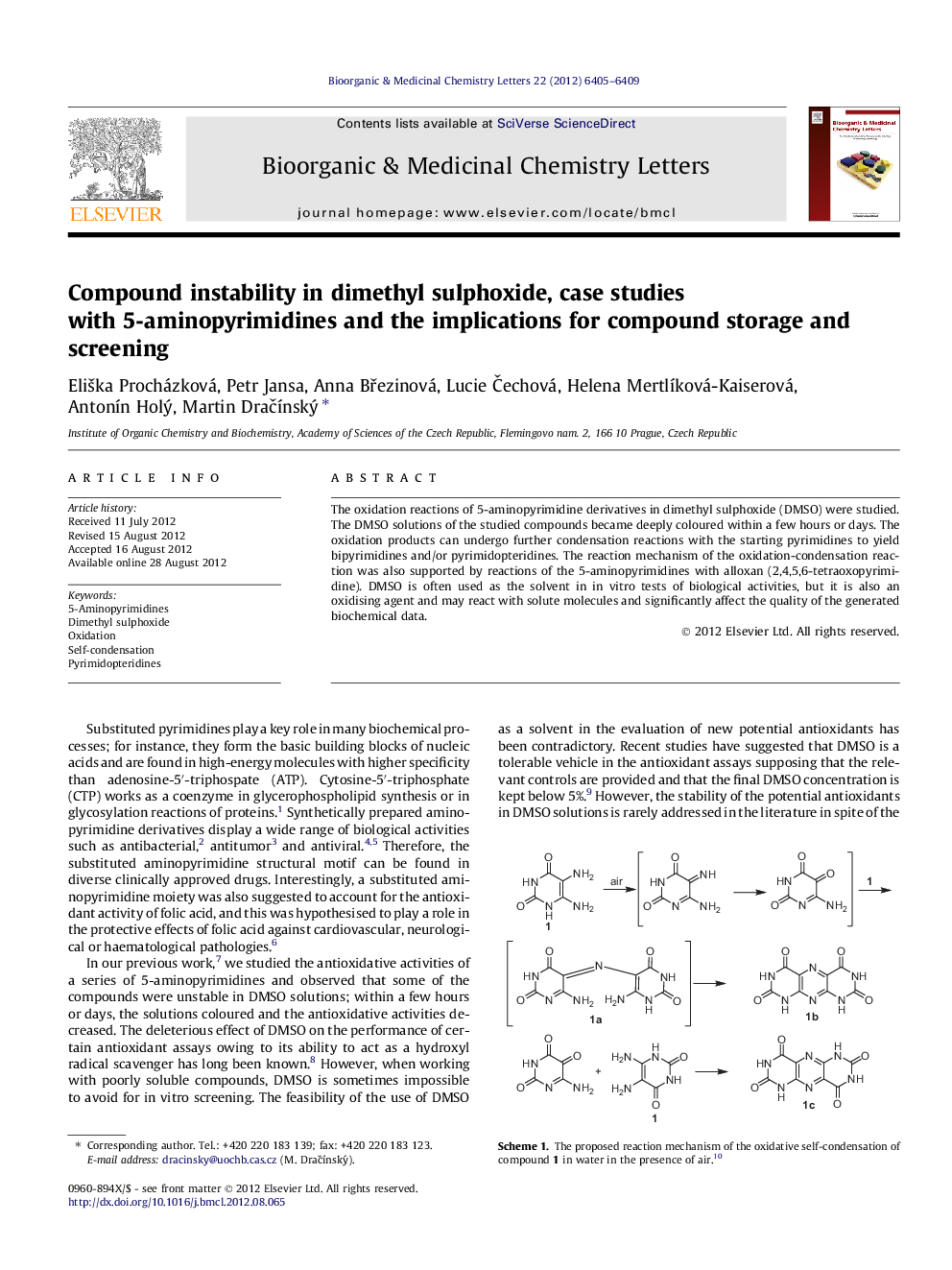 Compound instability in dimethyl sulphoxide, case studies with 5-aminopyrimidines and the implications for compound storage and screening