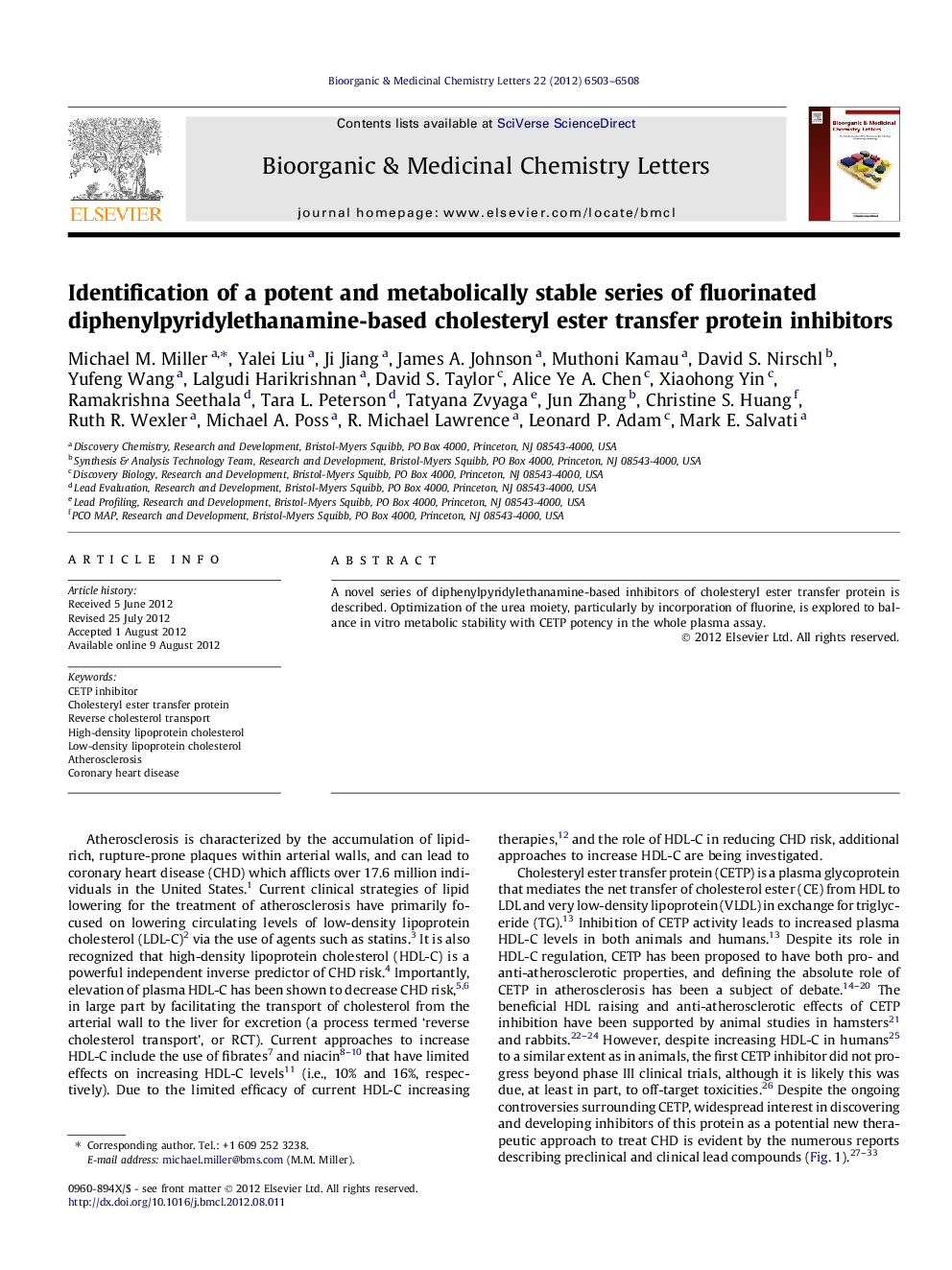 Identification of a potent and metabolically stable series of fluorinated diphenylpyridylethanamine-based cholesteryl ester transfer protein inhibitors