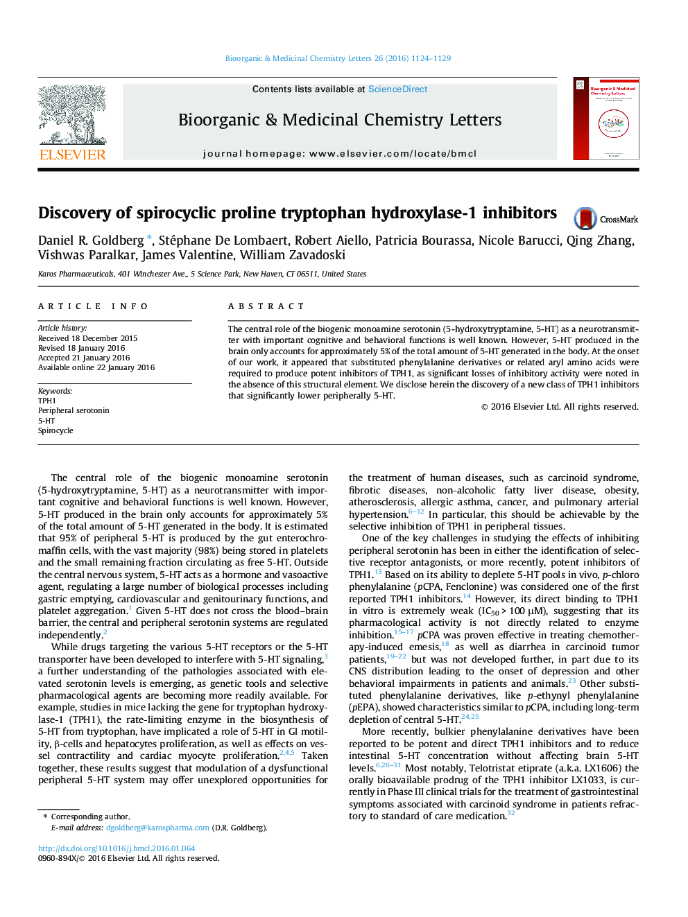 Discovery of spirocyclic proline tryptophan hydroxylase-1 inhibitors