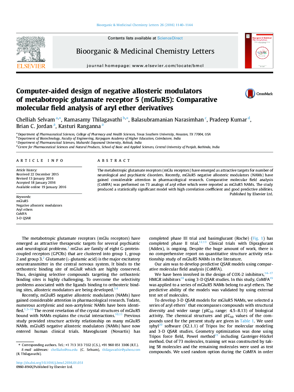 Computer-aided design of negative allosteric modulators of metabotropic glutamate receptor 5 (mGluR5): Comparative molecular field analysis of aryl ether derivatives