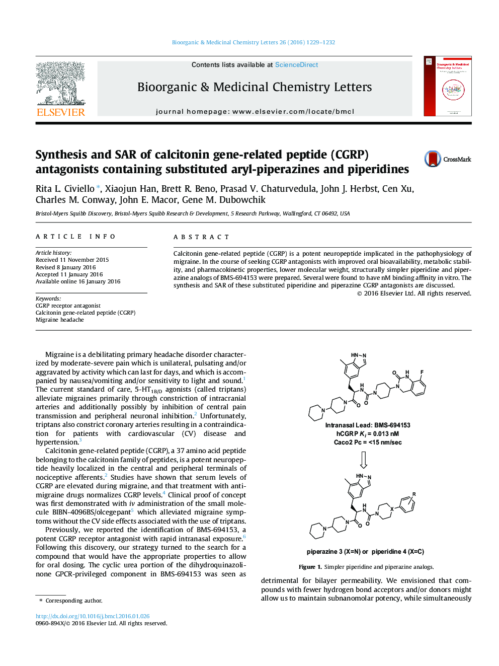 سنتز و SAR از آنتاگونیست‌های پپتید مرتبط با ژن کلسیتونین (CGRP) حاوی جایگزین آریل پیپرازین و پیپریدین