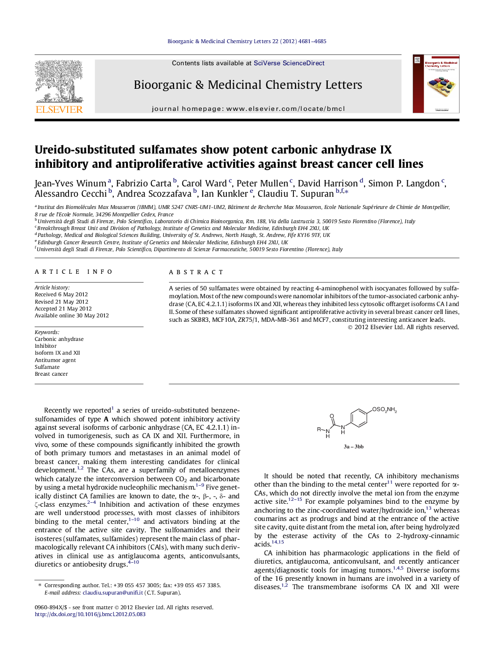 Ureido-substituted sulfamates show potent carbonic anhydrase IX inhibitory and antiproliferative activities against breast cancer cell lines