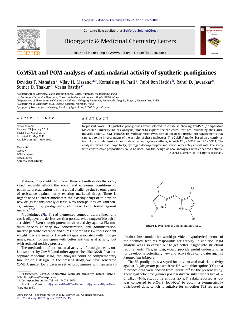 CoMSIA and POM analyses of anti-malarial activity of synthetic prodiginines