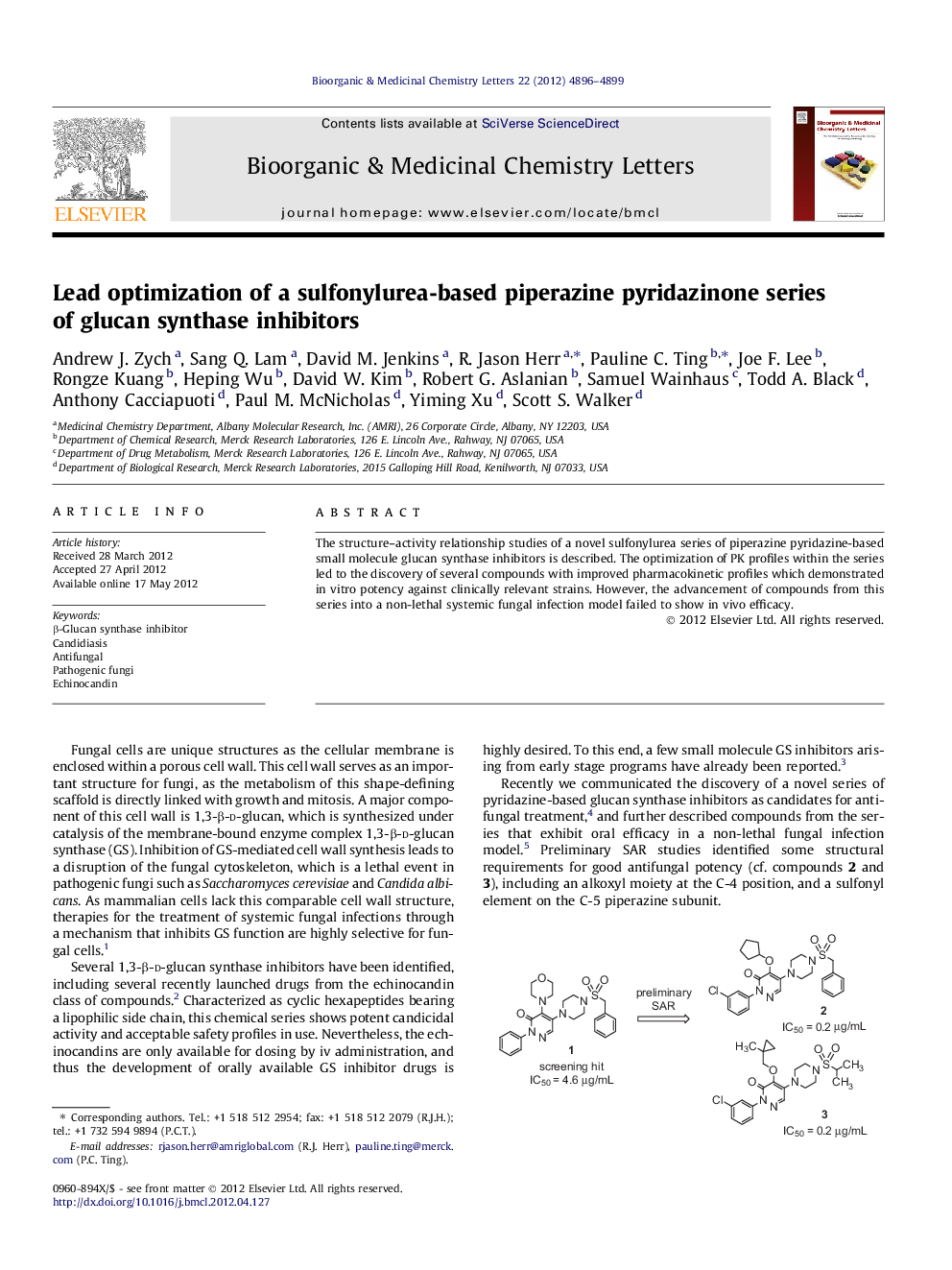 Lead optimization of a sulfonylurea-based piperazine pyridazinone series of glucan synthase inhibitors