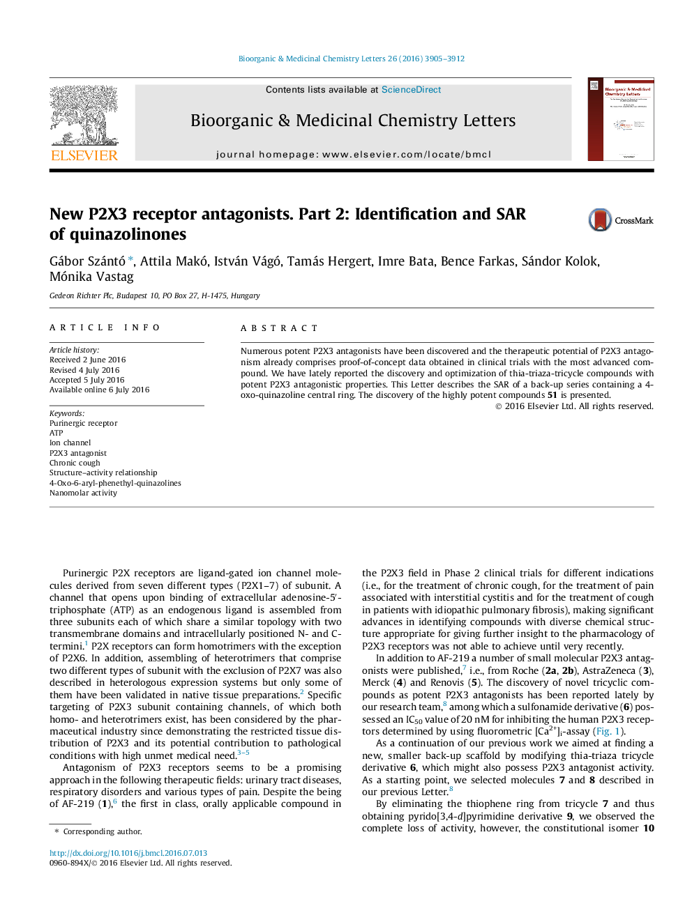 New P2X3 receptor antagonists. Part 2: Identification and SAR of quinazolinones